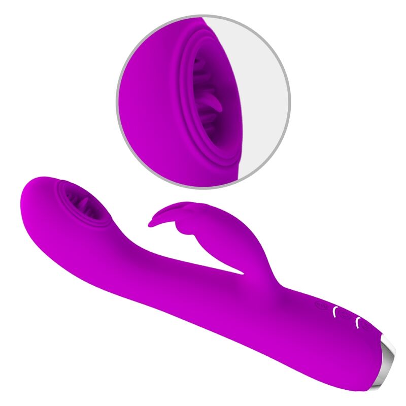 Close-up of the 'PRETTY LOVE Vibrador Rachel Recarregável com Ventosa e Ponta de Língua' showing its texture and features.
