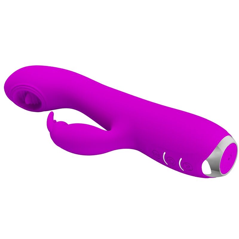 Close-up of the 'PRETTY LOVE Vibrador Rachel Recarregável com Ventosa e Ponta de Língua' showing its texture and features.