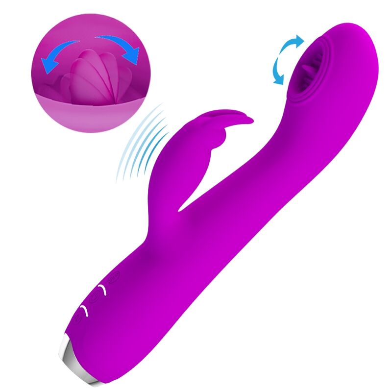 Close-up of the 'PRETTY LOVE Vibrador Rachel Recarregável com Ventosa e Ponta de Língua' showing its texture and features.
