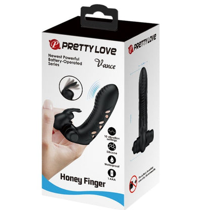 PRETTY LOVE Capa de Dedo Vibrador Coelhinho Preto Vance, mostrando seu design ergonômico e material de silicone de alta qualidade.
