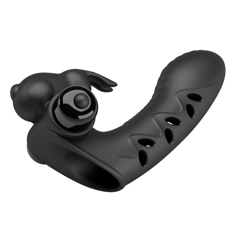 PRETTY LOVE Capa de Dedo Vibrador Coelhinho Preto Vance, mostrando seu design ergonômico e material de silicone de alta qualidade.