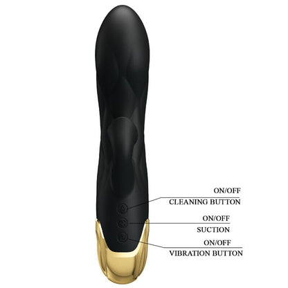 Close-up do Vibrador de Luxo PRETTY LOVE Banhado a Ouro Recarregável Preto, mostrando seu design elegante e detalhes premium.