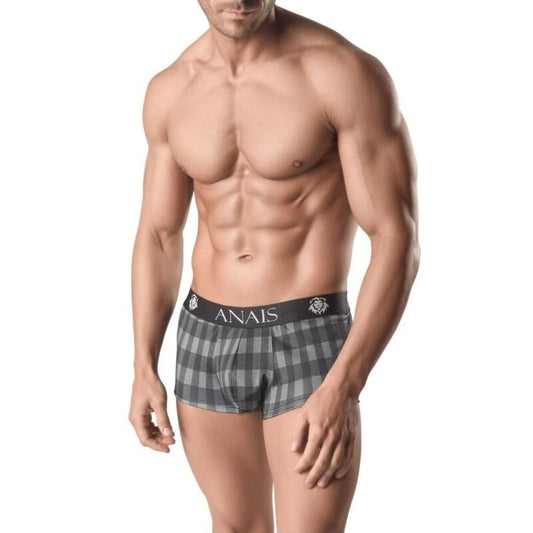 Boxer masculino Anais Men Aegis com estampa xadrez em tons de cinza, mostrando detalhes do tecido e corte esportivo.