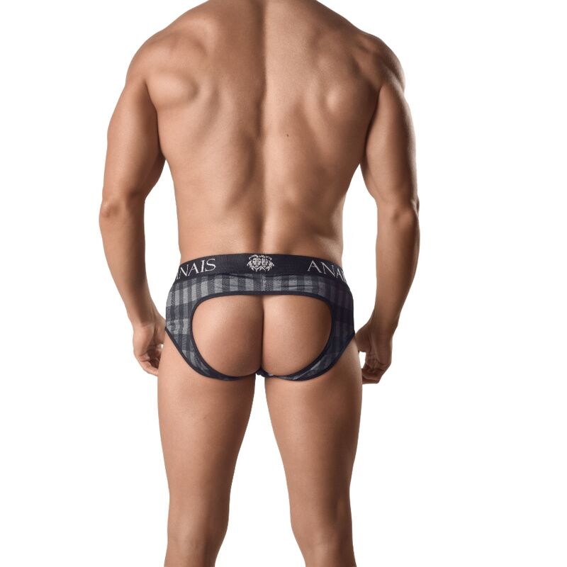 ANAIS MEN Jockstrap Aegis Bikini com estampa xadrez cinzenta e costas abertas, mostrando o design e tecido.