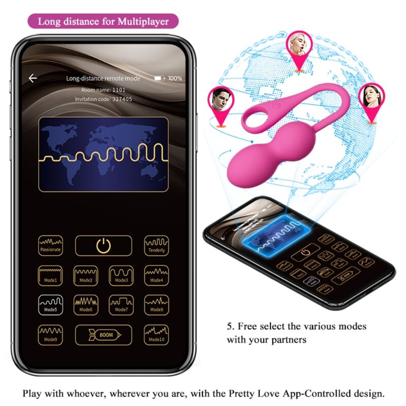 PRETTY LOVE Bolas Vibratórias Recarregáveis Elvira Rosa com App para exercícios de Kegel e prazer.