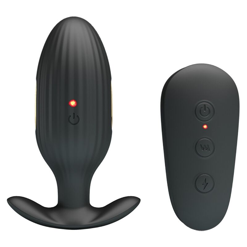 Close-up do PRETTY LOVE Vibrador Anal Kelly Plug Recarregável com Choque Elétrico, mostrando seu design ergonómico e cor preta.