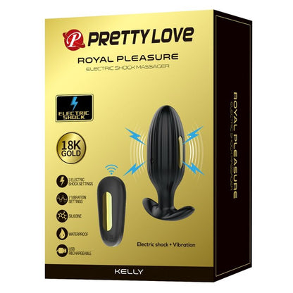 Close-up do PRETTY LOVE Vibrador Anal Kelly Plug Recarregável com Choque Elétrico, mostrando seu design ergonómico e cor preta.