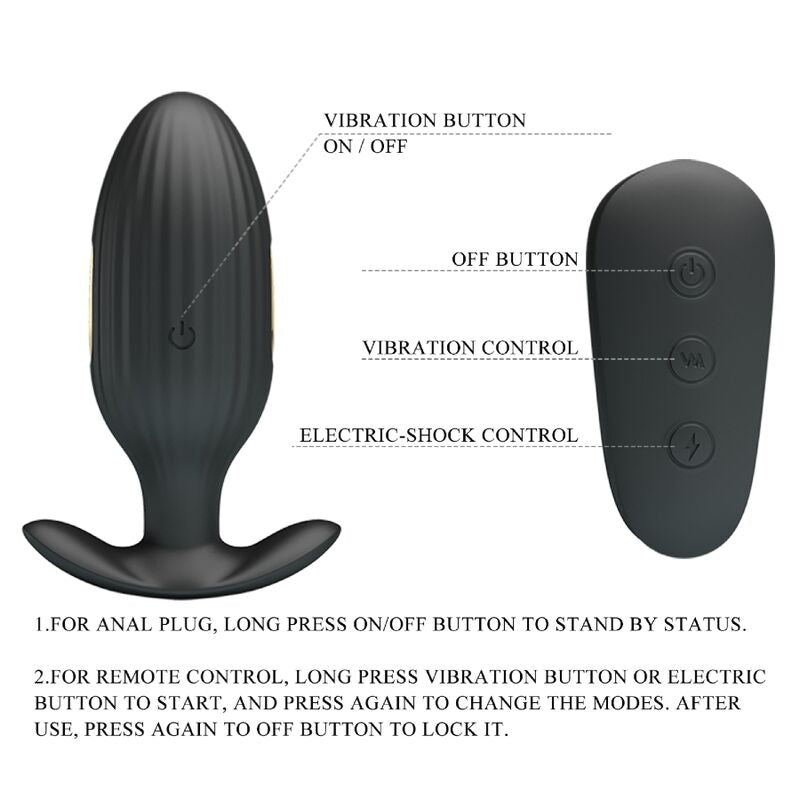 Close-up do PRETTY LOVE Vibrador Anal Kelly Plug Recarregável com Choque Elétrico, mostrando seu design ergonómico e cor preta.