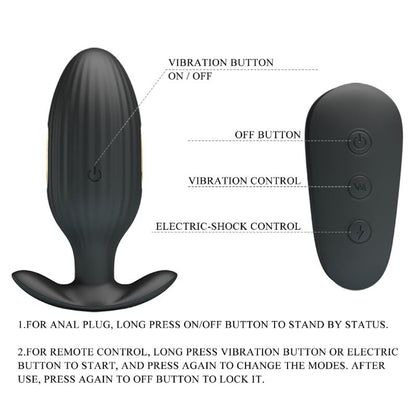 Close-up do PRETTY LOVE Vibrador Anal Kelly Plug Recarregável com Choque Elétrico, mostrando seu design ergonómico e cor preta.