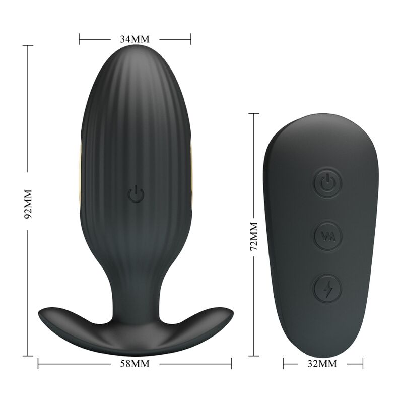 Close-up do PRETTY LOVE Vibrador Anal Kelly Plug Recarregável com Choque Elétrico, mostrando seu design ergonómico e cor preta.