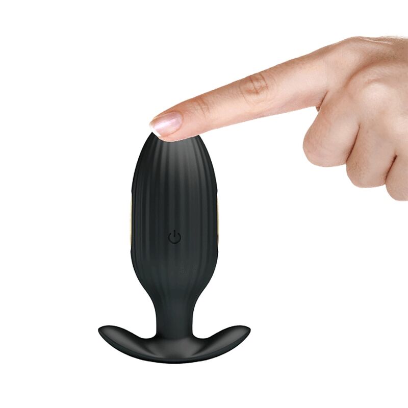 Close-up do PRETTY LOVE Vibrador Anal Kelly Plug Recarregável com Choque Elétrico, mostrando seu design ergonómico e cor preta.