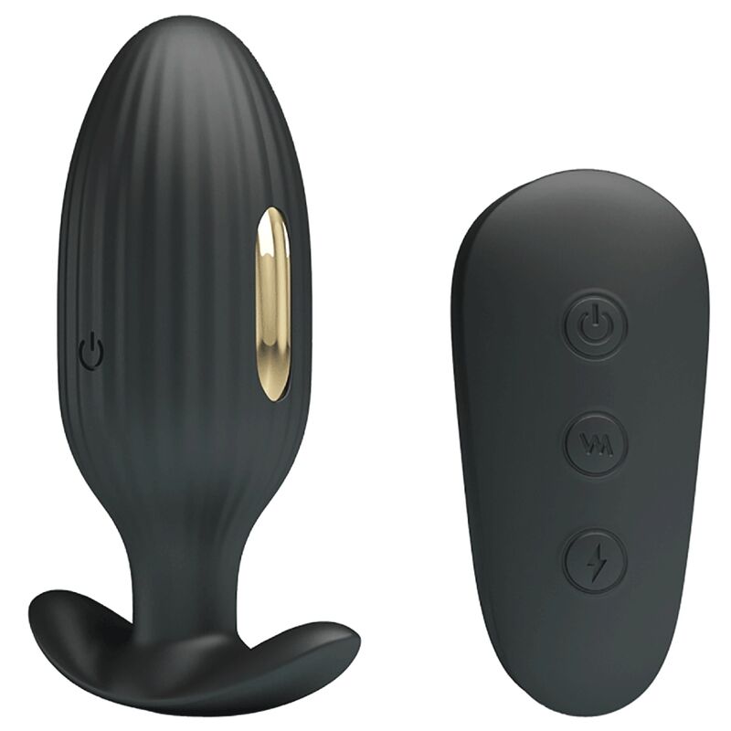 Close-up do PRETTY LOVE Vibrador Anal Kelly Plug Recarregável com Choque Elétrico, mostrando seu design ergonómico e cor preta.