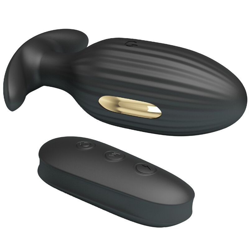 Close-up do PRETTY LOVE Vibrador Anal Kelly Plug Recarregável com Choque Elétrico, mostrando seu design ergonómico e cor preta.
