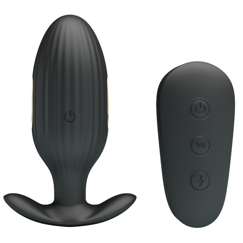 Close-up do PRETTY LOVE Vibrador Anal Kelly Plug Recarregável com Choque Elétrico, mostrando seu design ergonómico e cor preta.
