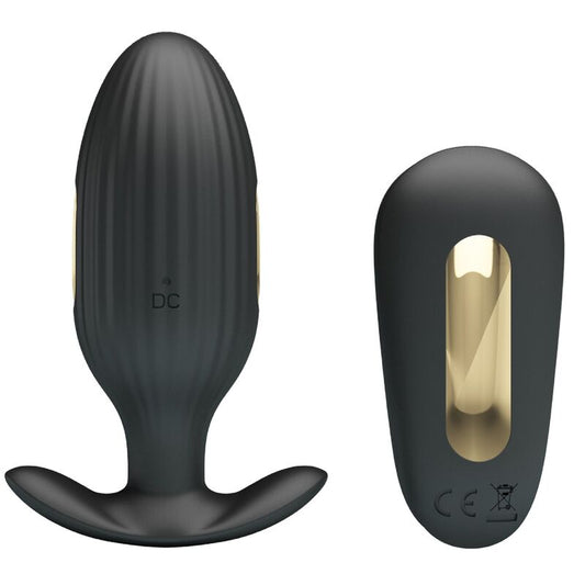 Close-up do PRETTY LOVE Vibrador Anal Kelly Plug Recarregável com Choque Elétrico, mostrando seu design ergonómico e cor preta.