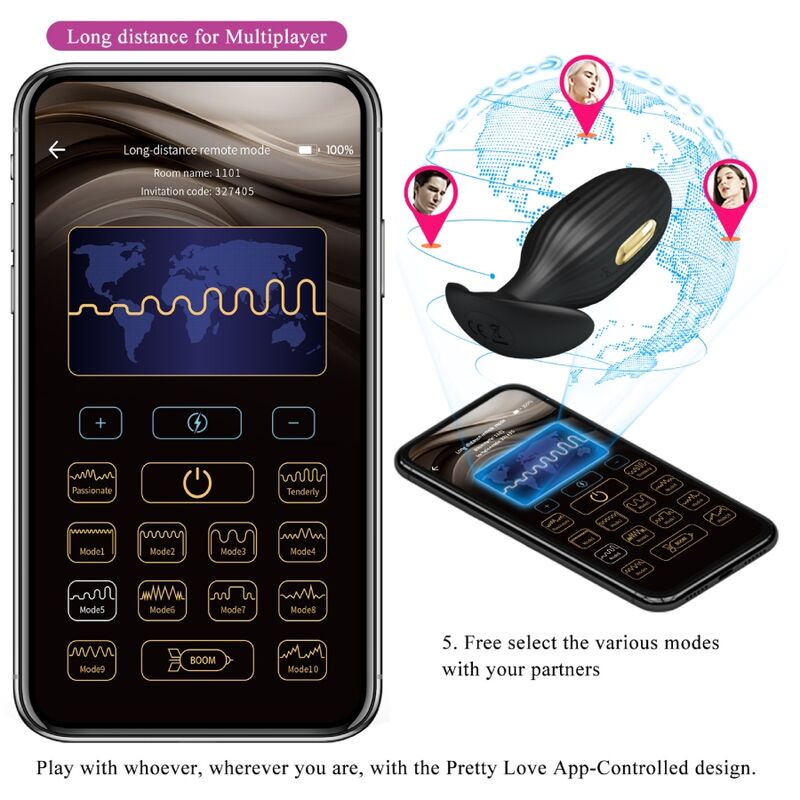 PRETTY LOVE Plug Anal Jefferson com App, Vibração e E-Stim