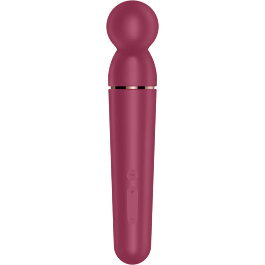 Close-up do Satisfyer Planet Wand-er Vibrador Massageador Berry, mostrando seu design elegante e cabeça de silicone.