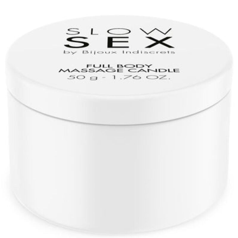 Vela de massagem corporal BIJOUX Slow Sex 50G com óleos naturais, ideal para momentos sensuais e relaxantes.