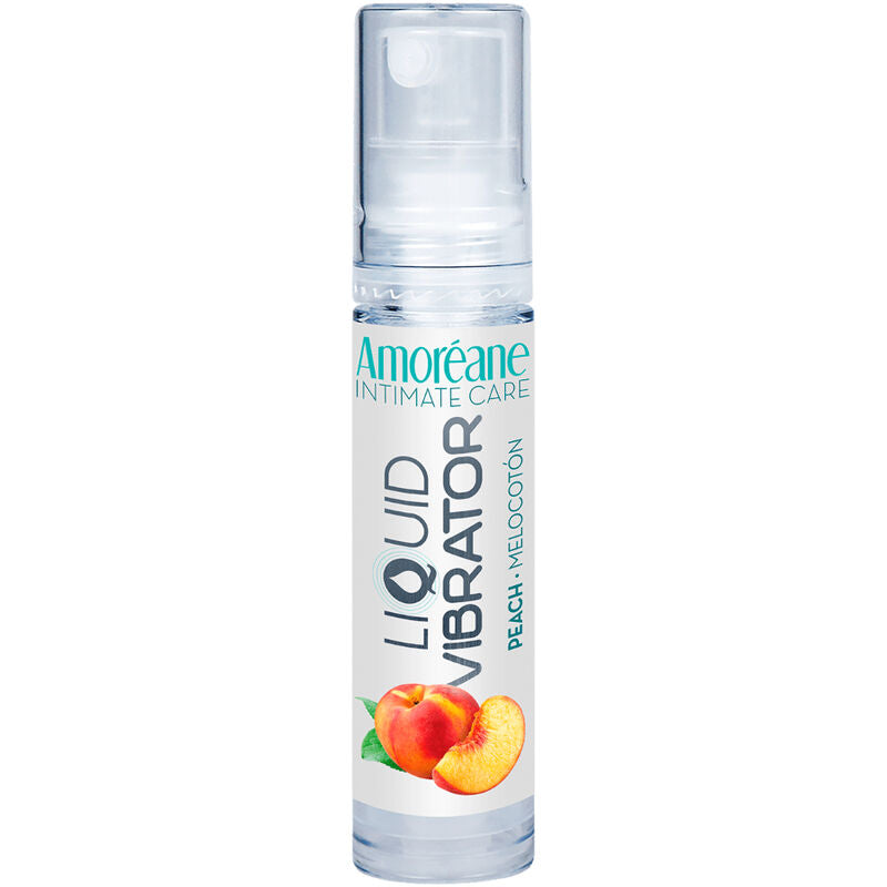 Frasco de AMOREANE Líquido Vibrante Pêssego 10ml, destacando o design e a cor.