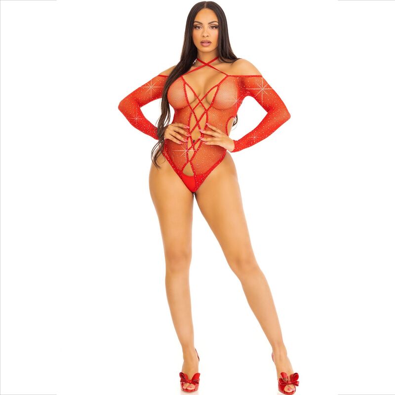 Body Crotchless Leg Avenue de Renda Arrastão Vermelha com Strass
