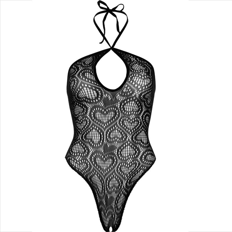 Body Seamless Halter Neck Preto LEG AVENUE, mostrando o design de renda e o decote.