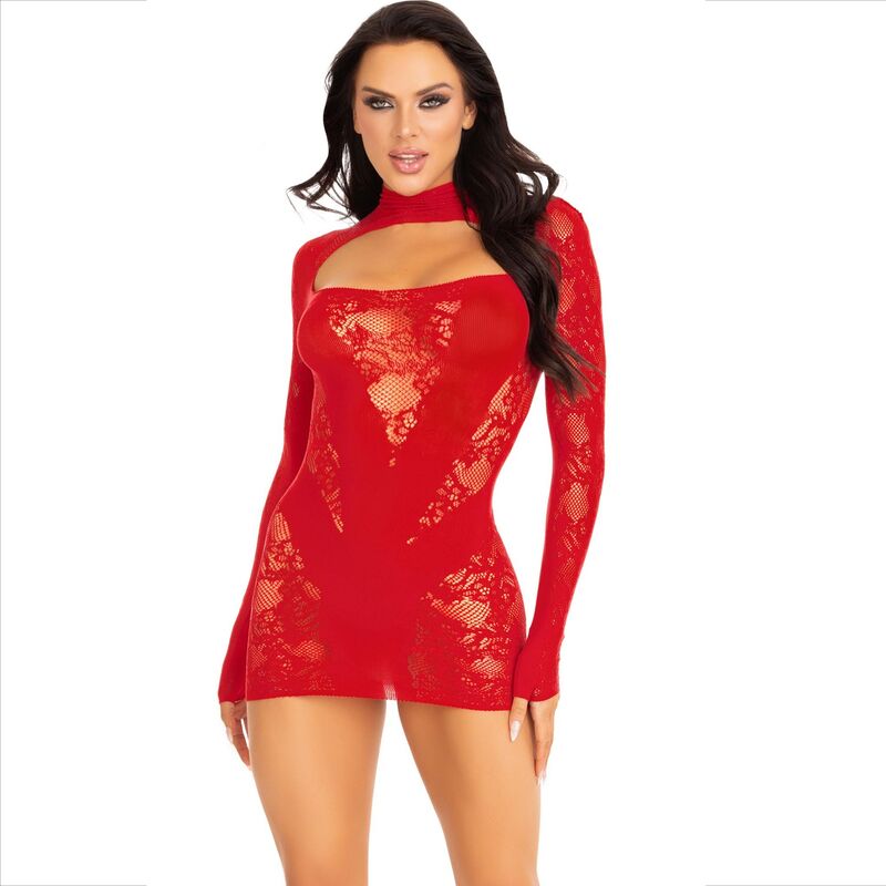 LEG AVENUE Mini Vestido Renda Manga Comprida Vermelho, detalhe da renda e corte elegante.