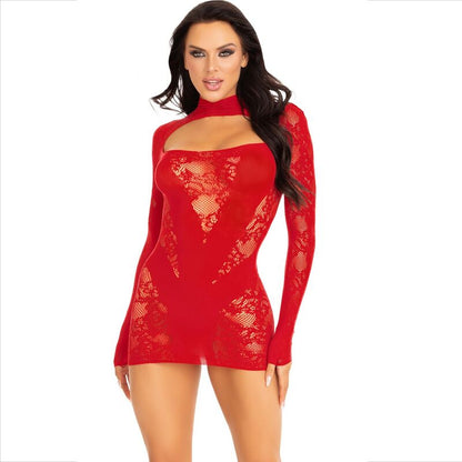 LEG AVENUE Mini Vestido Renda Manga Comprida Vermelho, detalhe da renda e corte elegante.