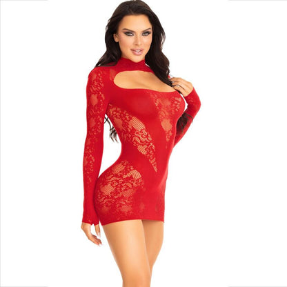 LEG AVENUE Mini Vestido Renda Manga Comprida Vermelho, detalhe da renda e corte elegante.