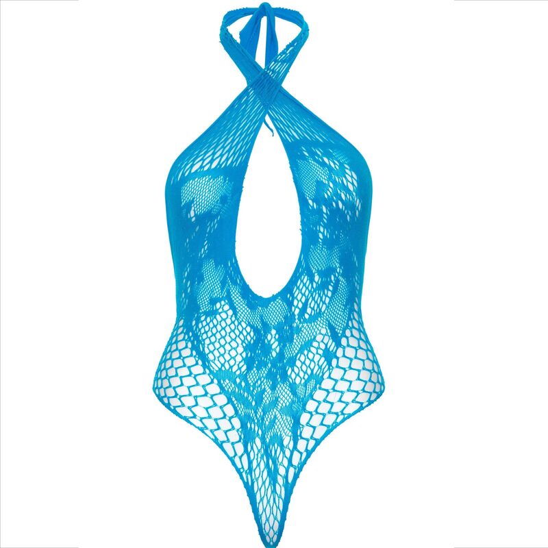 Close-up of the LEG AVENUE Teddy Halter Sensual com Renda Azul, showing its delicate lace and mesh details.