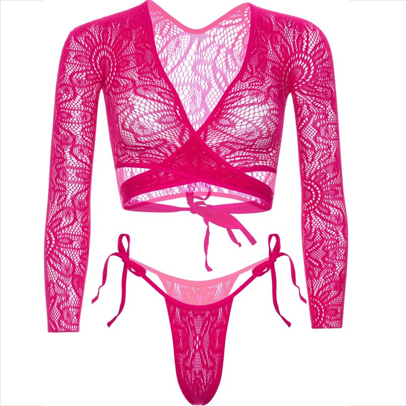 Close-up do LEG AVENUE Conjunto Lingerie Top Crop Renda e Tanga Amarração Lateral, mostrando a textura da renda e os detalhes da tanga.