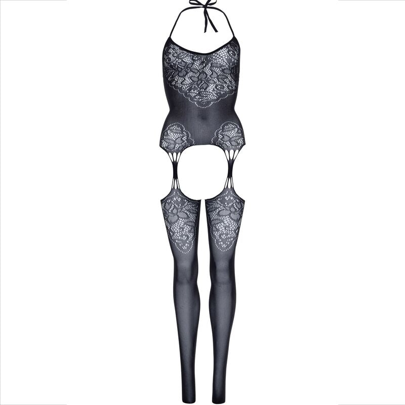 Bodystocking LEG AVENUE em renda sem costuras com design halter, mostrando detalhes da textura.