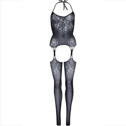 Bodystocking LEG AVENUE em renda sem costuras com design halter, mostrando detalhes da textura.