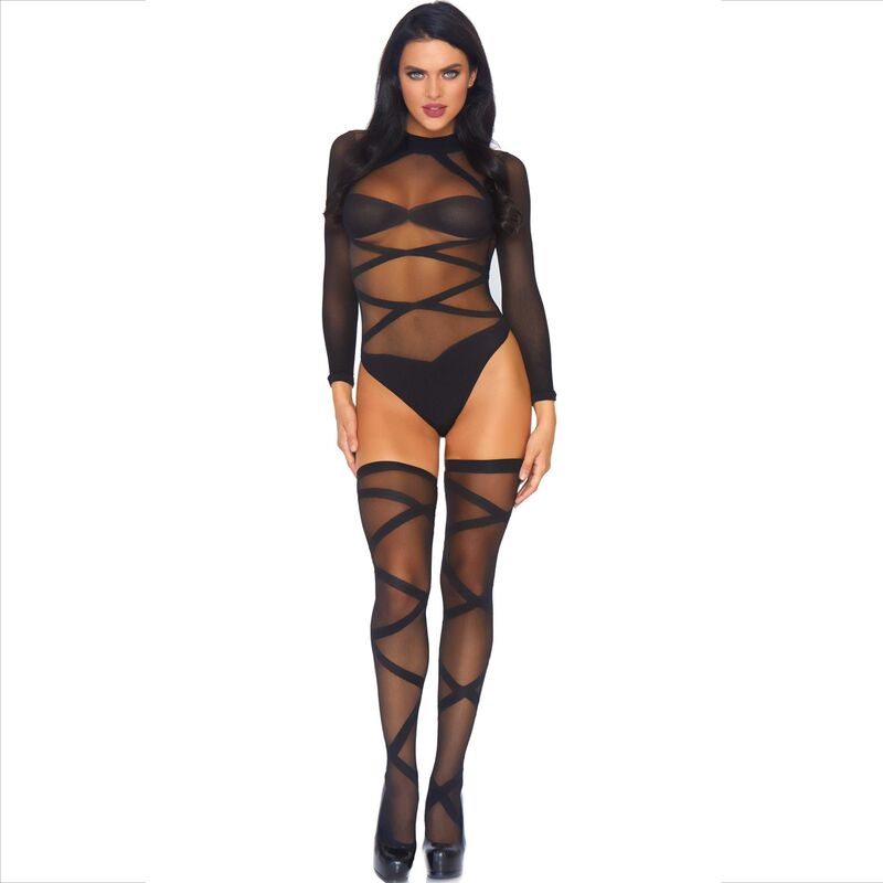 Close-up do LEG AVENUE Conjunto 2 Peças Body Transparente e Meias à Coxa, mostrando o design e a textura do tecido.