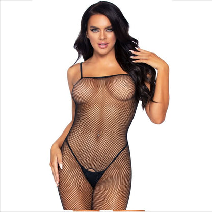 Imagem do Bodystocking Fishnet com Abertura LEG AVENUE, mostrando o design de malha e a virilha aberta.