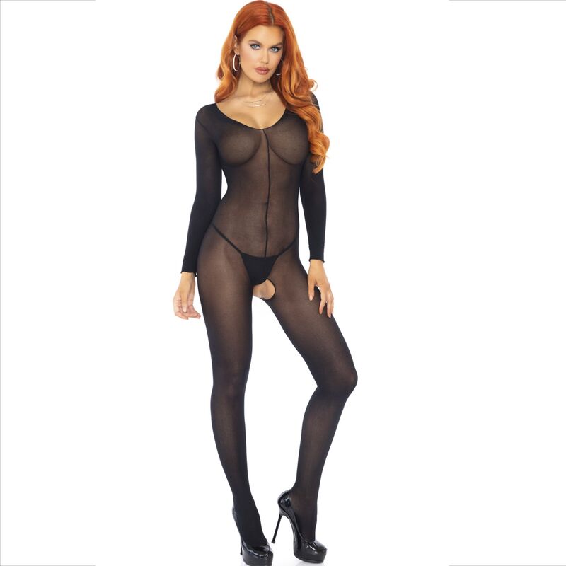 Bodystocking Leg Avenue Manga Comprida Preto, detalhe da textura e design sensual.
