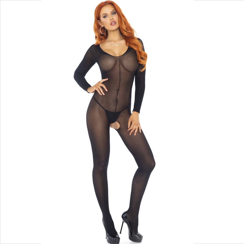 Bodystocking Leg Avenue Manga Comprida Preto, detalhe da textura e design sensual.