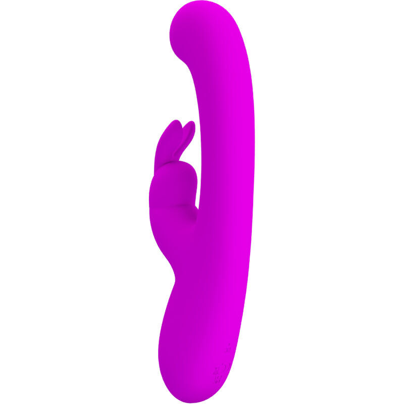 Close-up of the PRETTY LOVE Vibrador de Coelho Lamar, showing its curved design and clitoral stimulator in violet silicone.