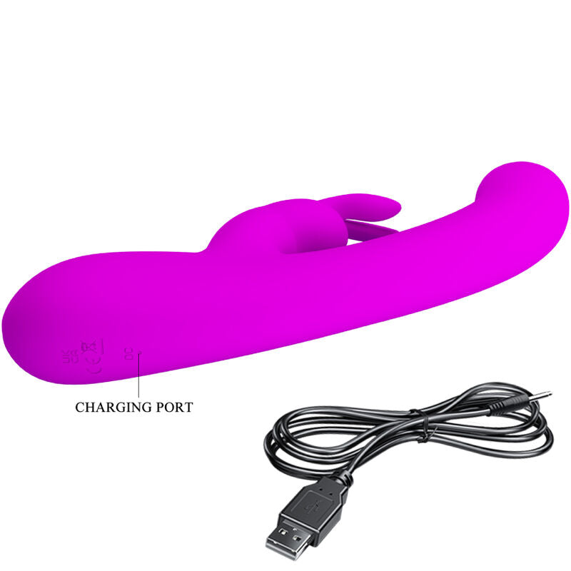 Close-up of the PRETTY LOVE Vibrador de Coelho Lamar, showing its curved design and clitoral stimulator in violet silicone.