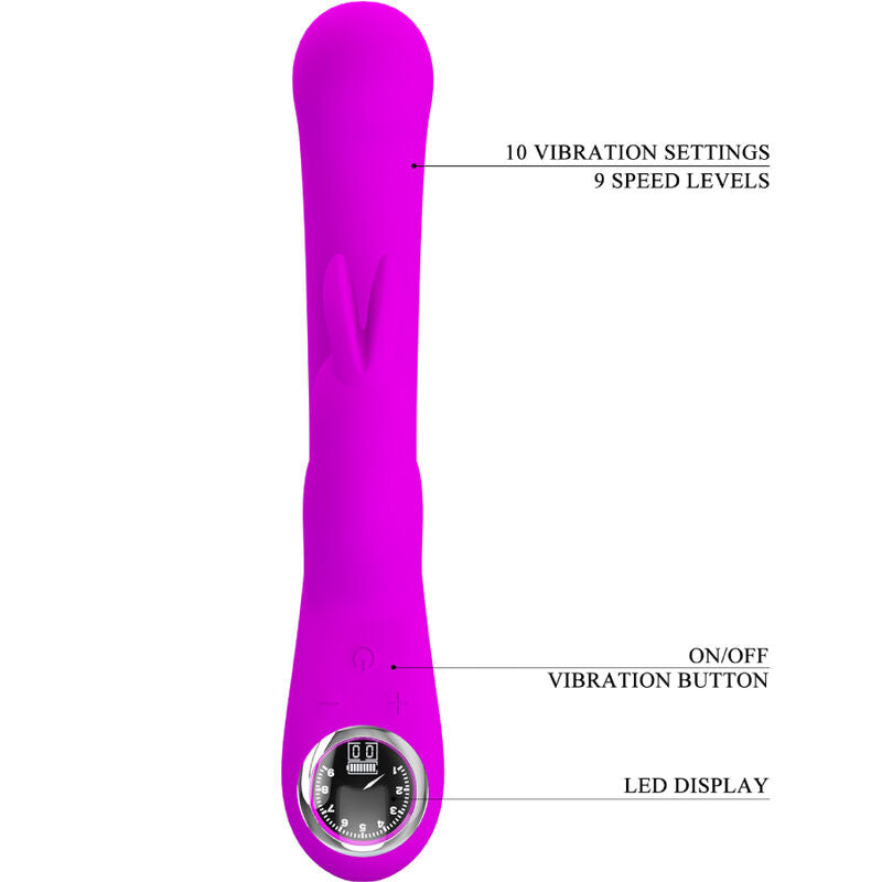 Close-up of the PRETTY LOVE Vibrador de Coelho Lamar, showing its curved design and clitoral stimulator in violet silicone.