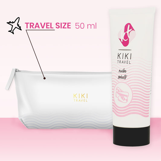 Detalhe do Lubrificante à Base de Água KIKÍ TRAVEL Sabor Doces Nube 50ml, destacando a embalagem e o sabor.