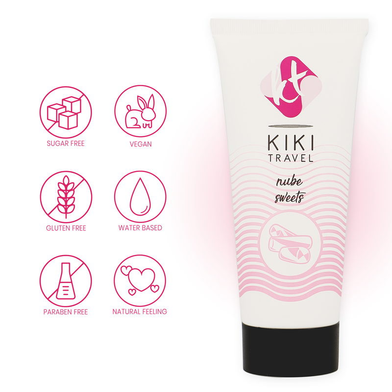 Detalhe do Lubrificante à Base de Água KIKÍ TRAVEL Sabor Doces Nube 50ml, destacando a embalagem e o sabor.