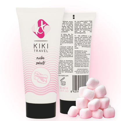 Detalhe do Lubrificante à Base de Água KIKÍ TRAVEL Sabor Doces Nube 50ml, destacando a embalagem e o sabor.