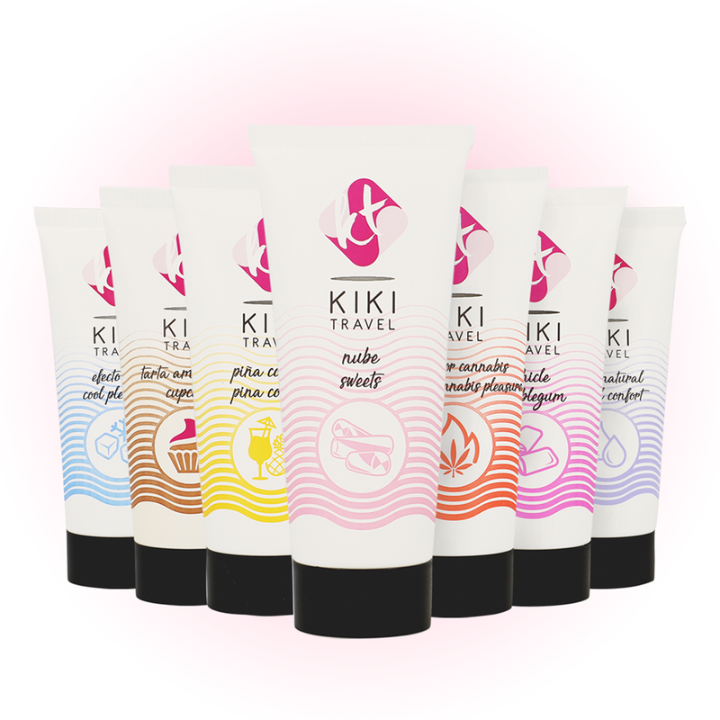 Detalhe do Lubrificante à Base de Água KIKÍ TRAVEL Sabor Doces Nube 50ml, destacando a embalagem e o sabor.