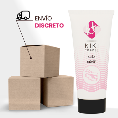 Detalhe do Lubrificante à Base de Água KIKÍ TRAVEL Sabor Doces Nube 50ml, destacando a embalagem e o sabor.