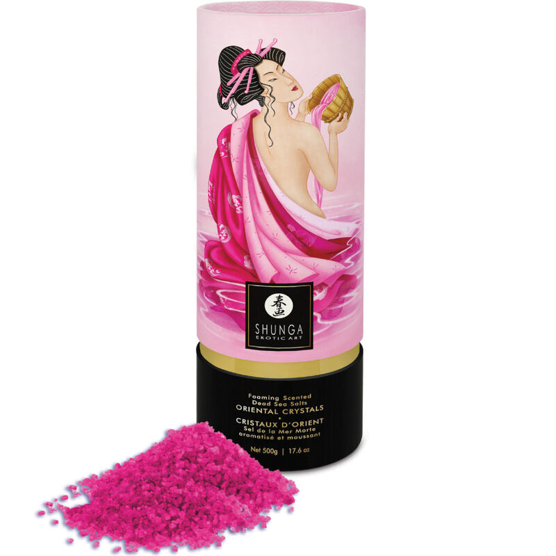 Sais de Banho Afrodisíacos SHUNGA com aroma de rosas e Sal do Mar Morto, ideais para um banho relaxante e sensual.