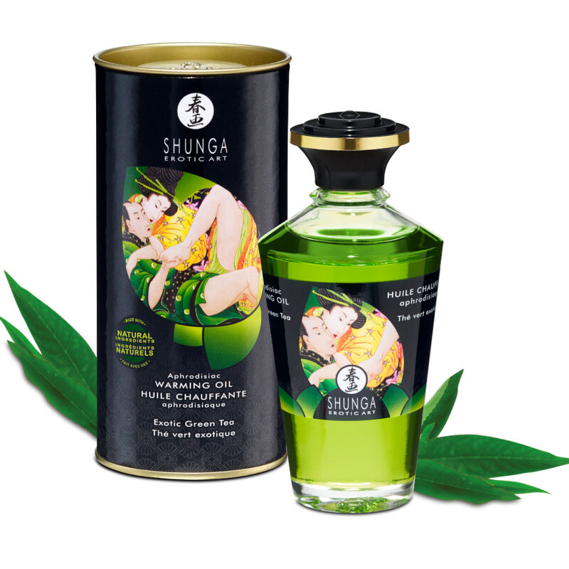 Close-up do Óleo de Massagem Shunga Efeito Calor Chá Verde Orgânico 100 ML, destacando a embalagem e o aroma.