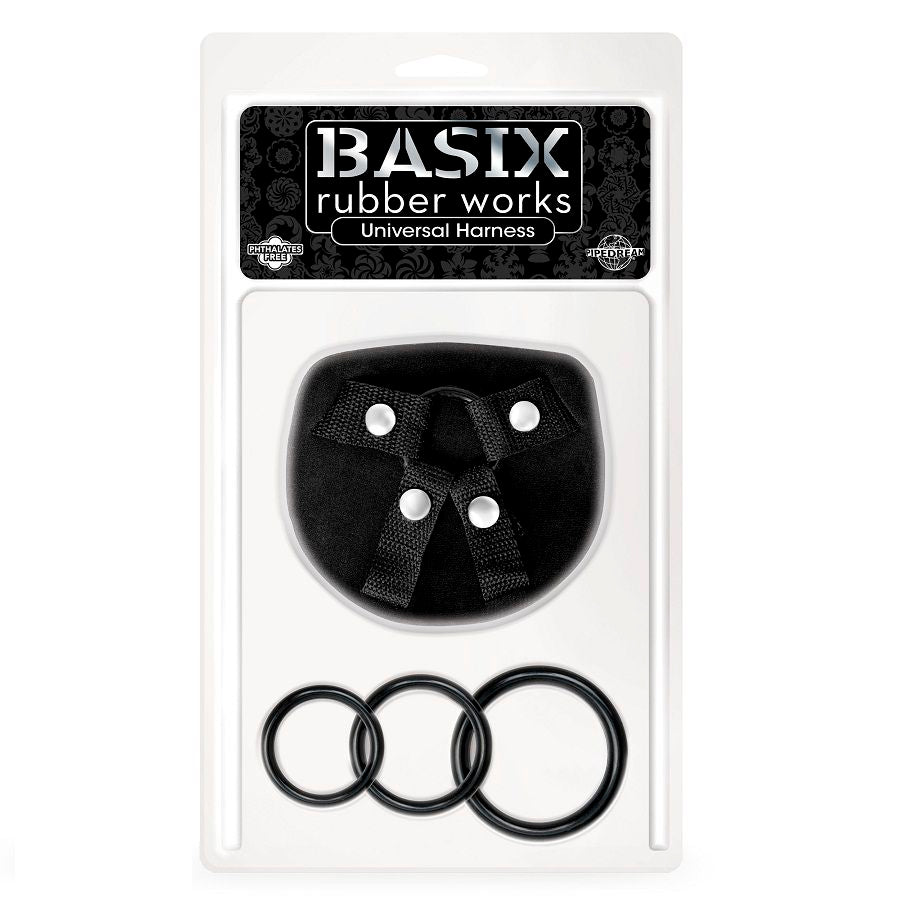 BASIX Arnês Universal Para Vibradores com 3 Anéis de Silicone, mostrando a sua versatilidade e design ajustável.