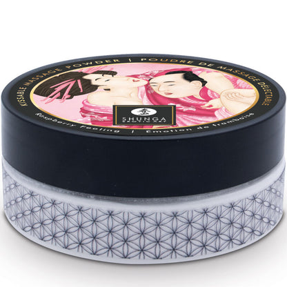 Close-up do SHUNGA Kit de Pó de Massagem Comestível Framboesa 75g, mostrando o pó e o pincel de penas.