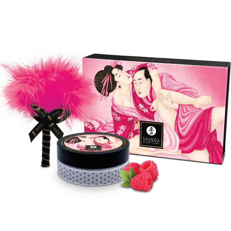 Close-up do SHUNGA Kit de Pó de Massagem Comestível Framboesa 75g, mostrando o pó e o pincel de penas.