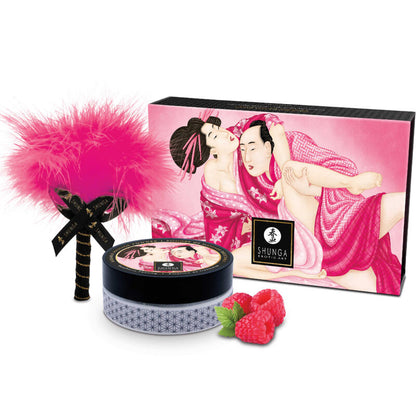 Close-up do SHUNGA Kit de Pó de Massagem Comestível Framboesa 75g, mostrando o pó e o pincel de penas.